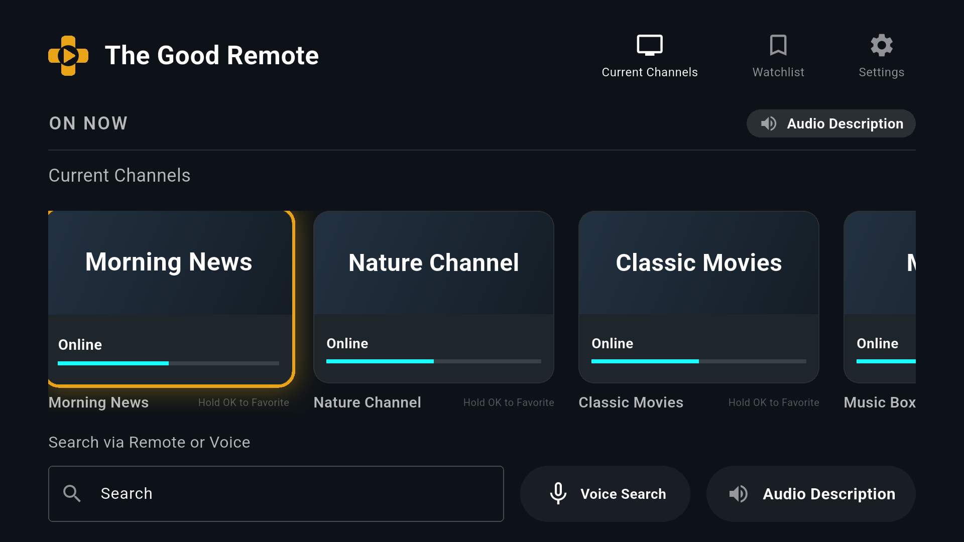 The Good Remote on a television: a row of large channel cards labelled Morning News, Nature Channel and Classic Movies, with the first card highlighted.
