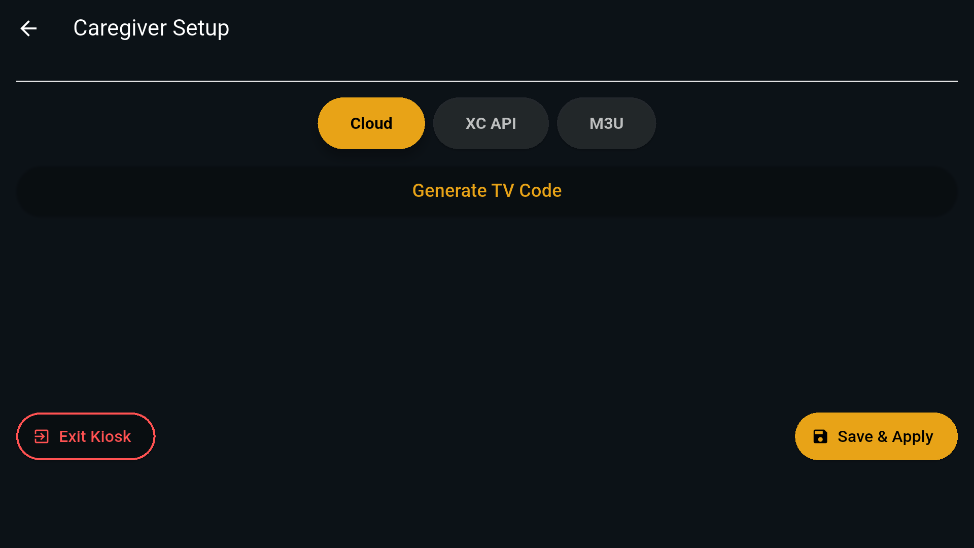 The caregiver setup screen on the television, showing Cloud, XC API and M3U options.